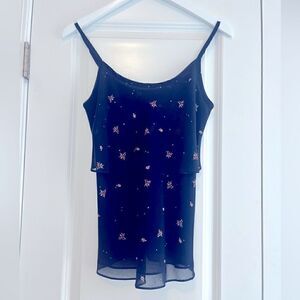 CAbi layered sheer blouse tank.  Navy with floral print.